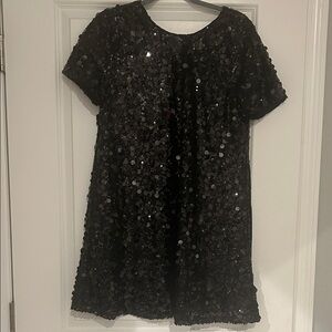Nine West Black Sequin Short Sleeve Flowy Shift Dress Bow - Women’s Medium - LBD